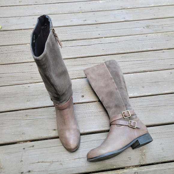 Vintage Shoes - Vintage 90s y2k Brown Leather Suede Buckle Knee High Tall Equestrian Riding Boot